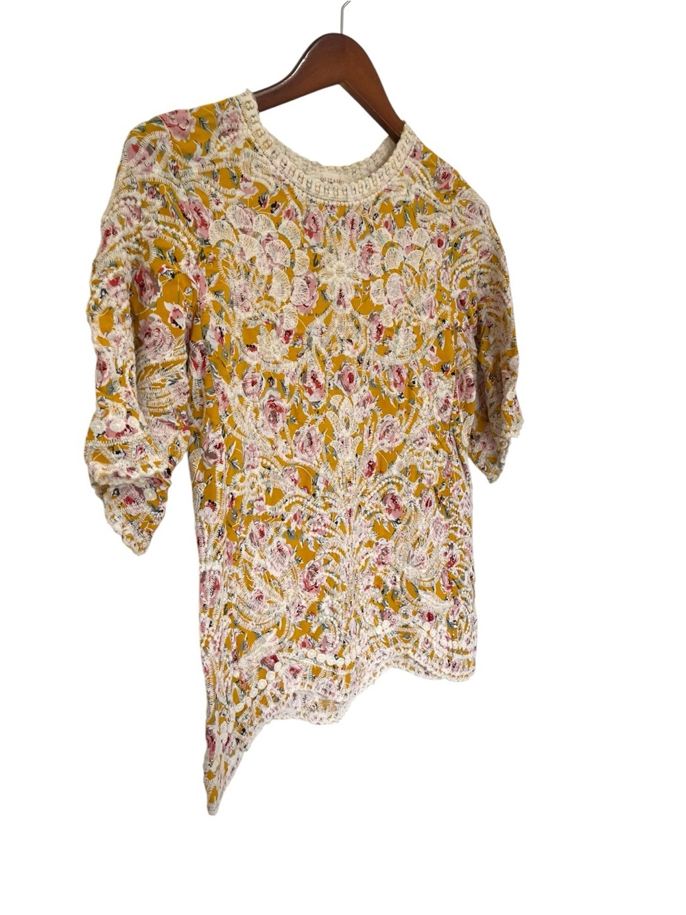 Solitaire Embroidered Lace-Detail Yellow Women's Top Small Anthropologie